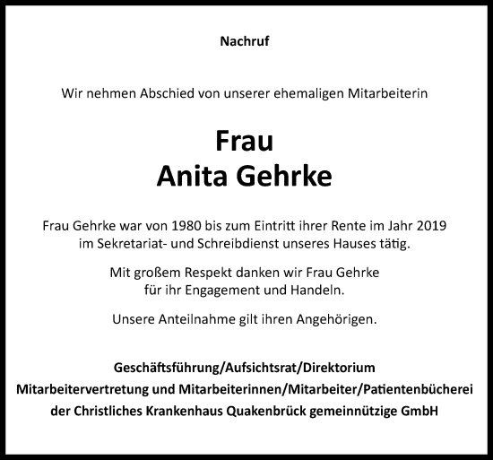 Traueranzeige von Anita Gehrke von Neue Osnabrücker Zeitung GmbH & Co. KG