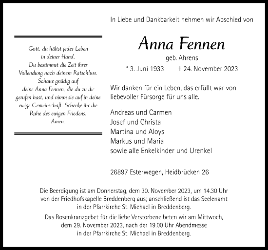 Traueranzeige von Anna Fennen von Neue Osnabrücker Zeitung GmbH & Co. KG