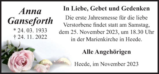 Traueranzeige von Anna Ganseforth von Neue Osnabrücker Zeitung GmbH & Co. KG