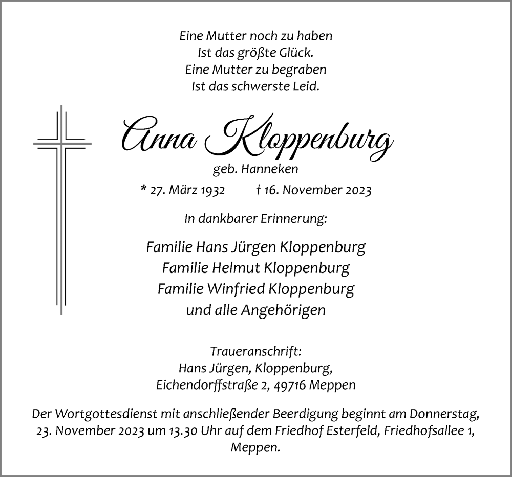  Traueranzeige für Anna Kloppenburg vom 18.11.2023 aus Neue Osnabrücker Zeitung GmbH & Co. KG
