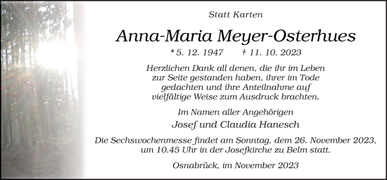 Traueranzeige von Anna-Maria Meyer-Osterhues von Neue Osnabrücker Zeitung GmbH & Co. KG