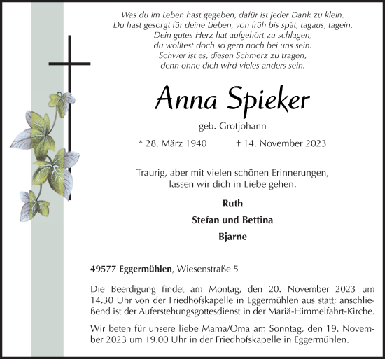 Traueranzeige von Anna Spieker von Neue Osnabrücker Zeitung GmbH & Co. KG