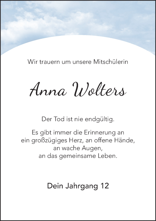 Traueranzeige von Anna Wolters von Neue Osnabrücker Zeitung GmbH & Co. KG