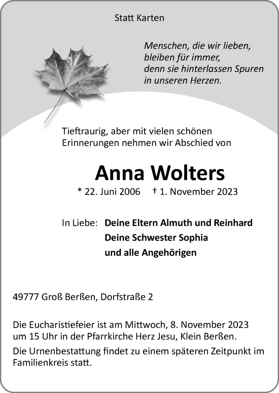 Traueranzeige von Anna Wolters von Neue Osnabrücker Zeitung GmbH & Co. KG