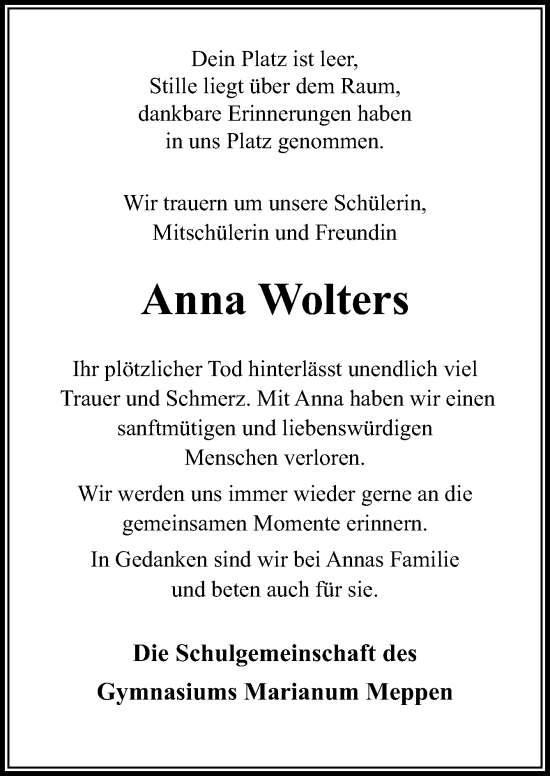 Traueranzeige von Anna Wolters von Neue Osnabrücker Zeitung GmbH & Co. KG