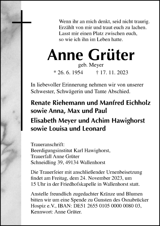 Traueranzeige von Anne Grüter von Neue Osnabrücker Zeitung GmbH & Co. KG
