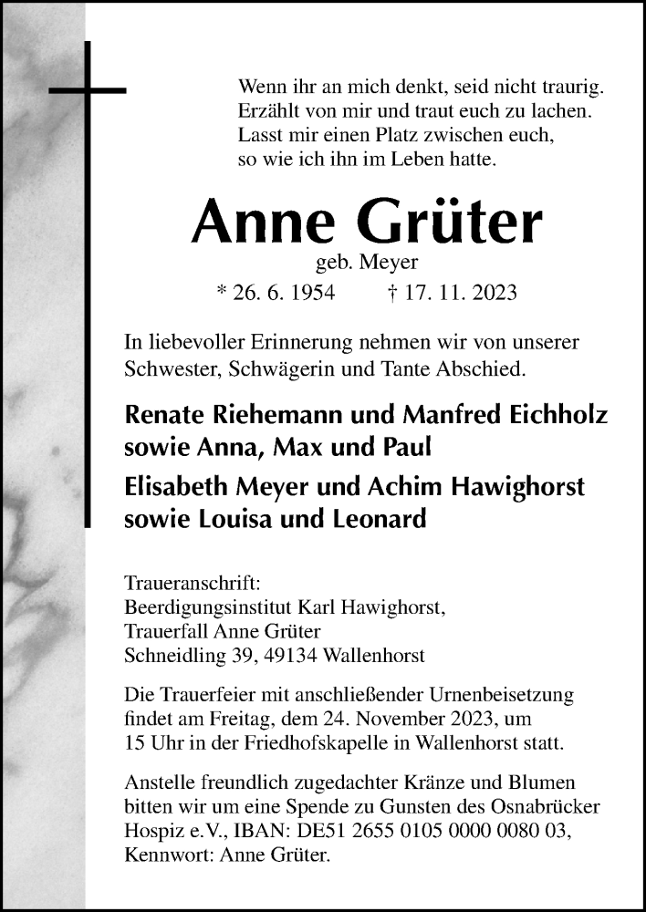  Traueranzeige für Anne Grüter vom 20.11.2023 aus Neue Osnabrücker Zeitung GmbH & Co. KG