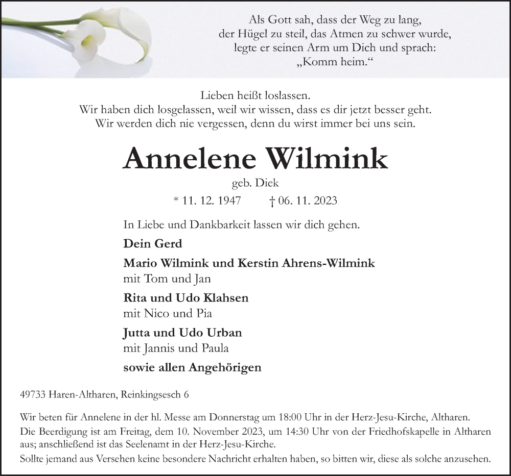  Traueranzeige für Annelene Wilmink vom 08.11.2023 aus Neue Osnabrücker Zeitung GmbH & Co. KG
