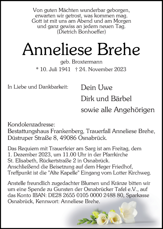 Traueranzeige von Anneliese Brehe von Neue Osnabrücker Zeitung GmbH & Co. KG
