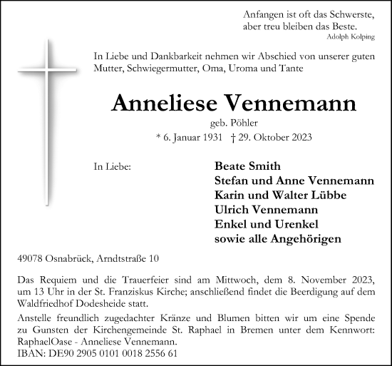 Traueranzeige von Anneliese Vennemann von Neue Osnabrücker Zeitung GmbH & Co. KG