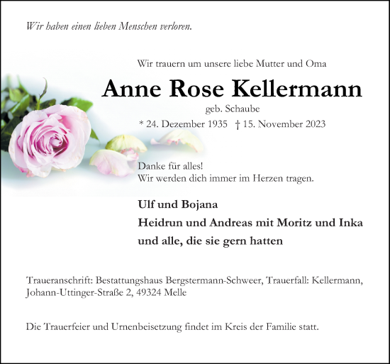 Traueranzeige von Anne Rose Kellermann von Neue Osnabrücker Zeitung GmbH & Co. KG