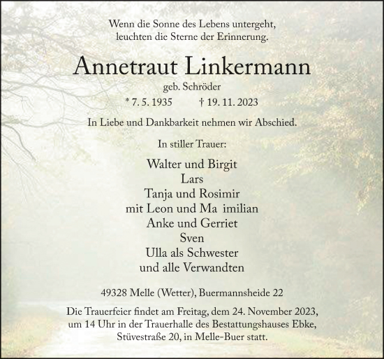 Traueranzeige von Annetraut Linkermann von Neue Osnabrücker Zeitung GmbH & Co. KG