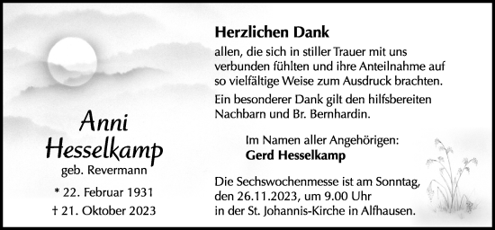 Traueranzeige von Anni Hesselkamp von Neue Osnabrücker Zeitung GmbH & Co. KG