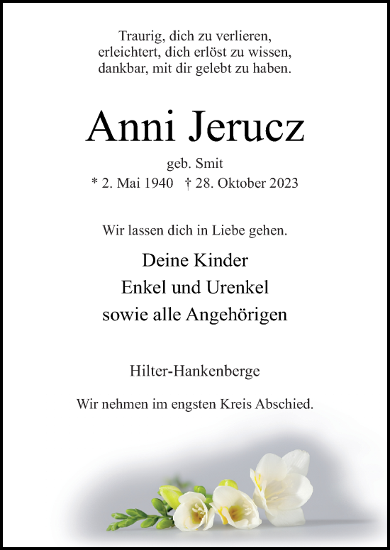 Traueranzeige von Anni Jerucz von Neue Osnabrücker Zeitung GmbH & Co. KG