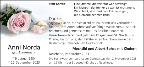 Traueranzeige von Anni Norda von Neue Osnabrücker Zeitung GmbH & Co. KG