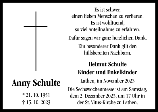 Traueranzeige von Anny Schulte von Neue Osnabrücker Zeitung GmbH & Co. KG