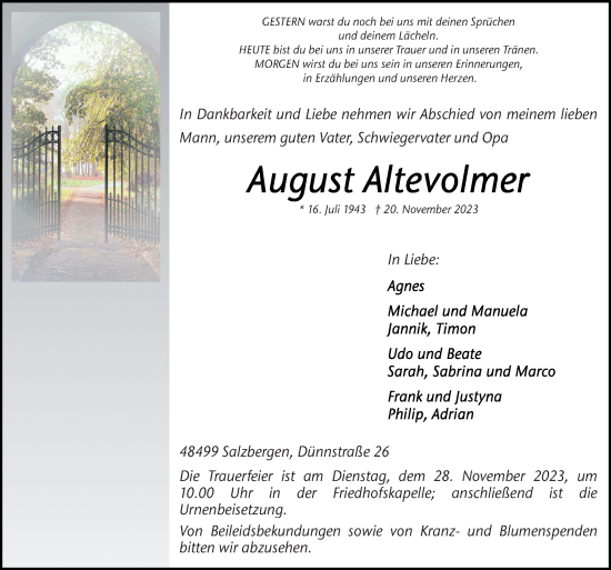 Traueranzeige von August Altevolmer von Neue Osnabrücker Zeitung GmbH & Co. KG