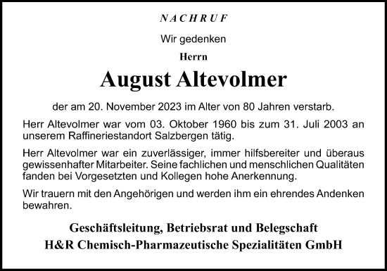 Traueranzeige von August Altevolmer von Neue Osnabrücker Zeitung GmbH & Co. KG