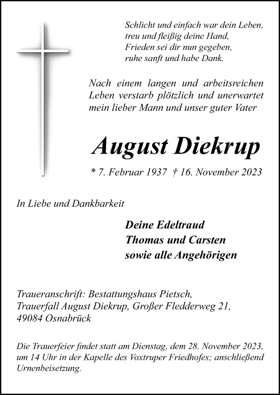 Traueranzeige von August Diekrup von Neue Osnabrücker Zeitung GmbH & Co. KG