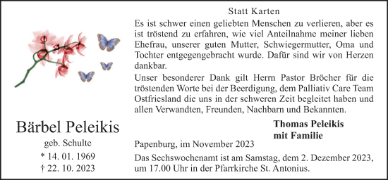 Traueranzeige von Bärbel Peleikis von Neue Osnabrücker Zeitung GmbH & Co. KG
