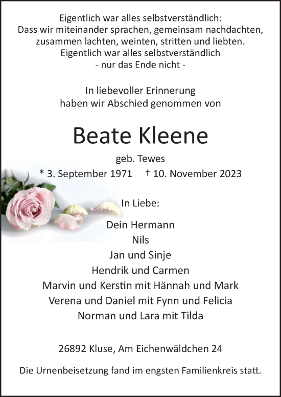 Traueranzeige von Beate Kleene von Neue Osnabrücker Zeitung GmbH & Co. KG