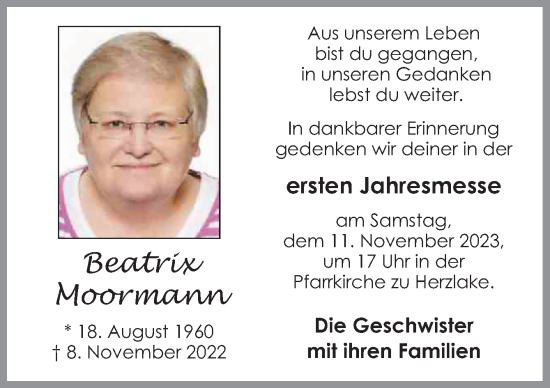 Traueranzeige von Beatrix Moormann von Neue Osnabrücker Zeitung GmbH & Co. KG