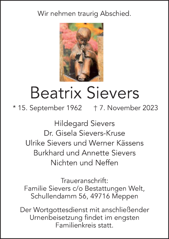 Traueranzeige von Beatrix Sievers von Neue Osnabrücker Zeitung GmbH & Co. KG