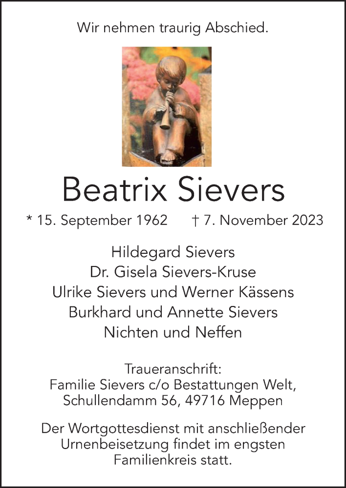  Traueranzeige für Beatrix Sievers vom 20.11.2023 aus Neue Osnabrücker Zeitung GmbH & Co. KG