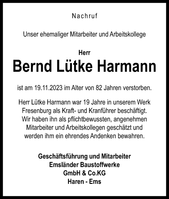 Traueranzeige von Bernd Lütke Harmann von Neue Osnabrücker Zeitung GmbH & Co. KG