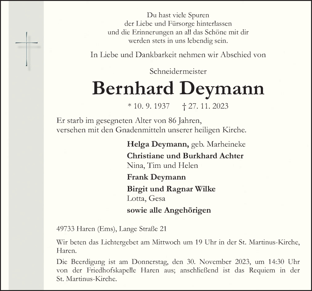  Traueranzeige für Bernhard Deymann vom 28.11.2023 aus Neue Osnabrücker Zeitung GmbH & Co. KG