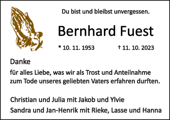 Traueranzeige von Bernhard Fuest von Neue Osnabrücker Zeitung GmbH & Co. KG