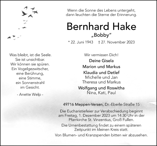 Traueranzeige von Bernhard Hake von Neue Osnabrücker Zeitung GmbH & Co. KG