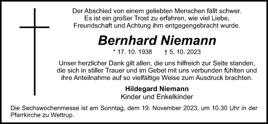 Traueranzeige von Bernhard Niemann von Neue Osnabrücker Zeitung GmbH & Co. KG