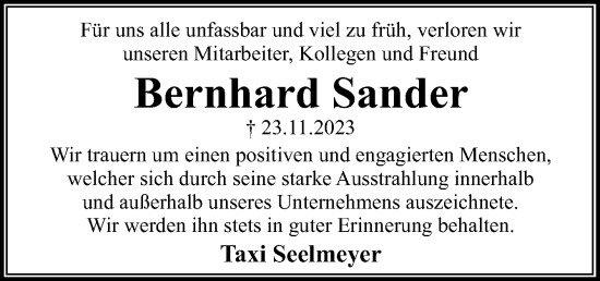 Traueranzeige von Bernhard Sander von Neue Osnabrücker Zeitung GmbH & Co. KG