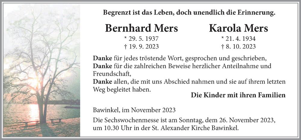  Traueranzeige für Bernhard und Karola Mers vom 21.11.2023 aus Neue Osnabrücker Zeitung GmbH & Co. KG