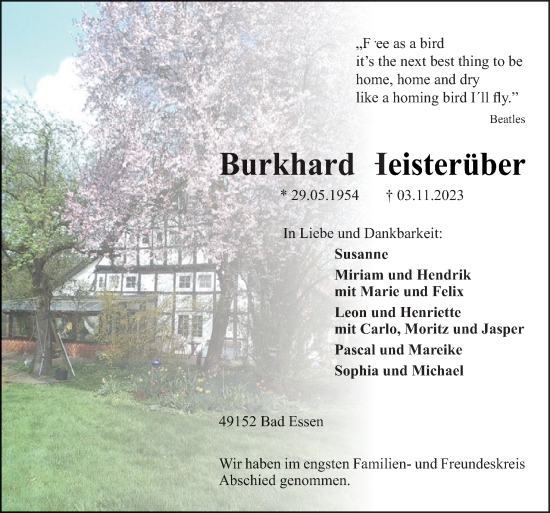 Traueranzeige von Burkhard Heisterüber von Neue Osnabrücker Zeitung GmbH & Co. KG