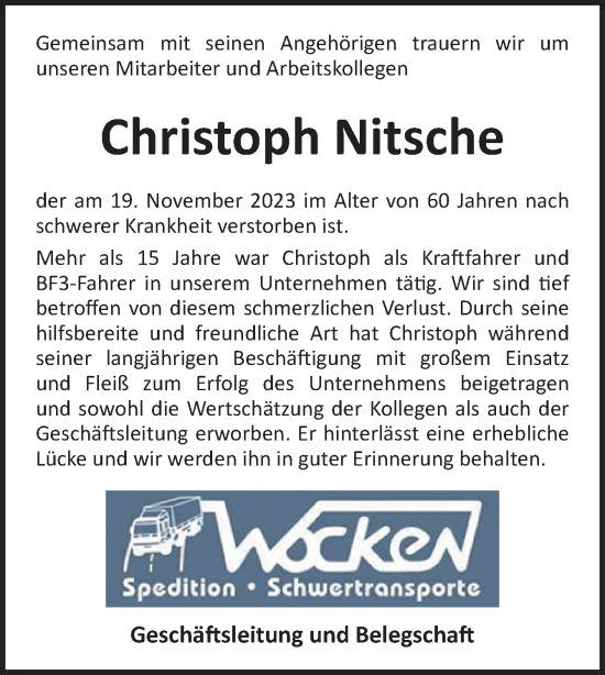 Traueranzeige von Christoph Nitsche von Neue Osnabrücker Zeitung GmbH & Co. KG