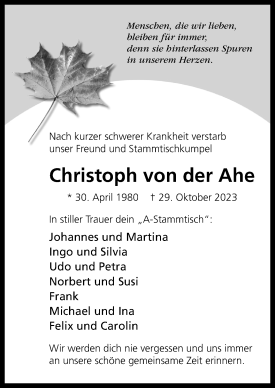 Traueranzeige von Christoph von der Ahe von Neue Osnabrücker Zeitung GmbH & Co. KG