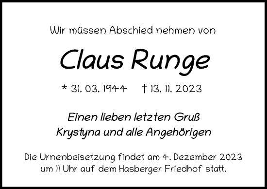Traueranzeige von Claus Runge von DK Medien GmbH & Co. KG