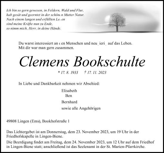 Traueranzeige von Clemens Bookschulte von Neue Osnabrücker Zeitung GmbH & Co. KG