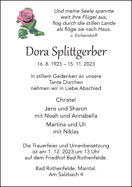 Traueranzeige von Dora Splittgerber von Neue Osnabrücker Zeitung GmbH & Co. KG