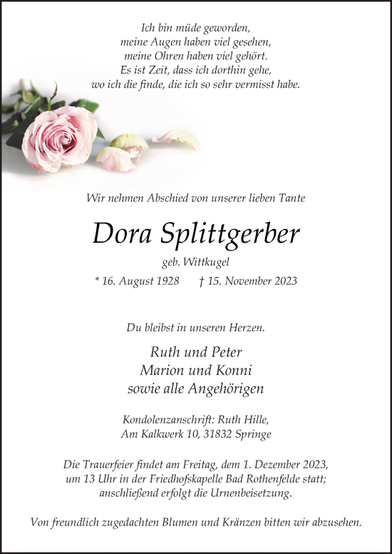 Traueranzeige von Dora Splittgerber von Neue Osnabrücker Zeitung GmbH & Co. KG