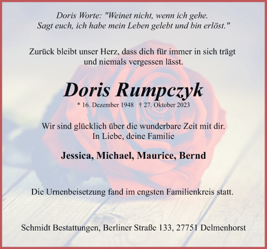 Traueranzeige von Doris Rumpczyk von DK Medien GmbH & Co. KG