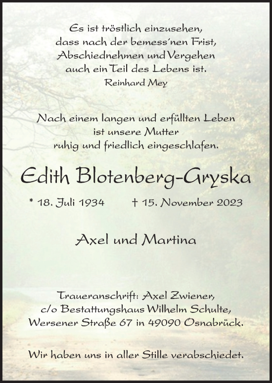 Traueranzeige von Edith Blotenberg-Gryska von Neue Osnabrücker Zeitung GmbH & Co. KG