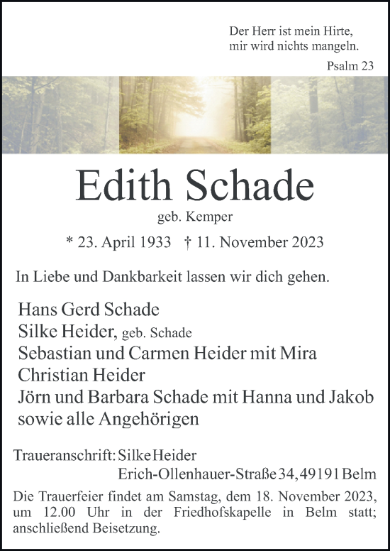 Traueranzeige von Edith Schade von Neue Osnabrücker Zeitung GmbH & Co. KG