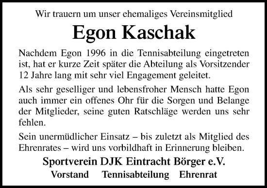 Traueranzeige von Egon Kaschak von Neue Osnabrücker Zeitung GmbH & Co. KG