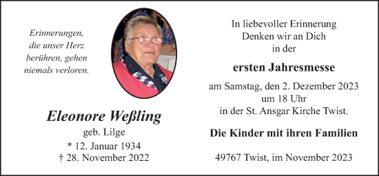 Traueranzeige von Eleonore Weßling von Neue Osnabrücker Zeitung GmbH & Co. KG