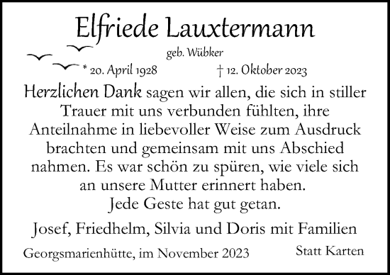 Traueranzeige von Elfriede Lauxtermann von Neue Osnabrücker Zeitung GmbH & Co. KG