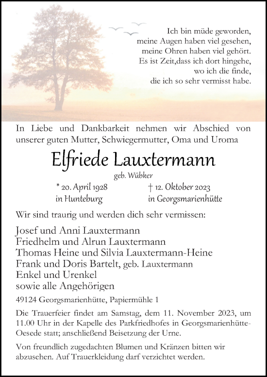 Traueranzeige von Elfriede Lauxtermann von Neue Osnabrücker Zeitung GmbH & Co. KG