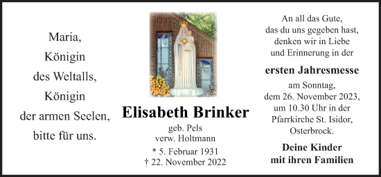 Traueranzeige von Elisabeth Brinker von Neue Osnabrücker Zeitung GmbH & Co. KG